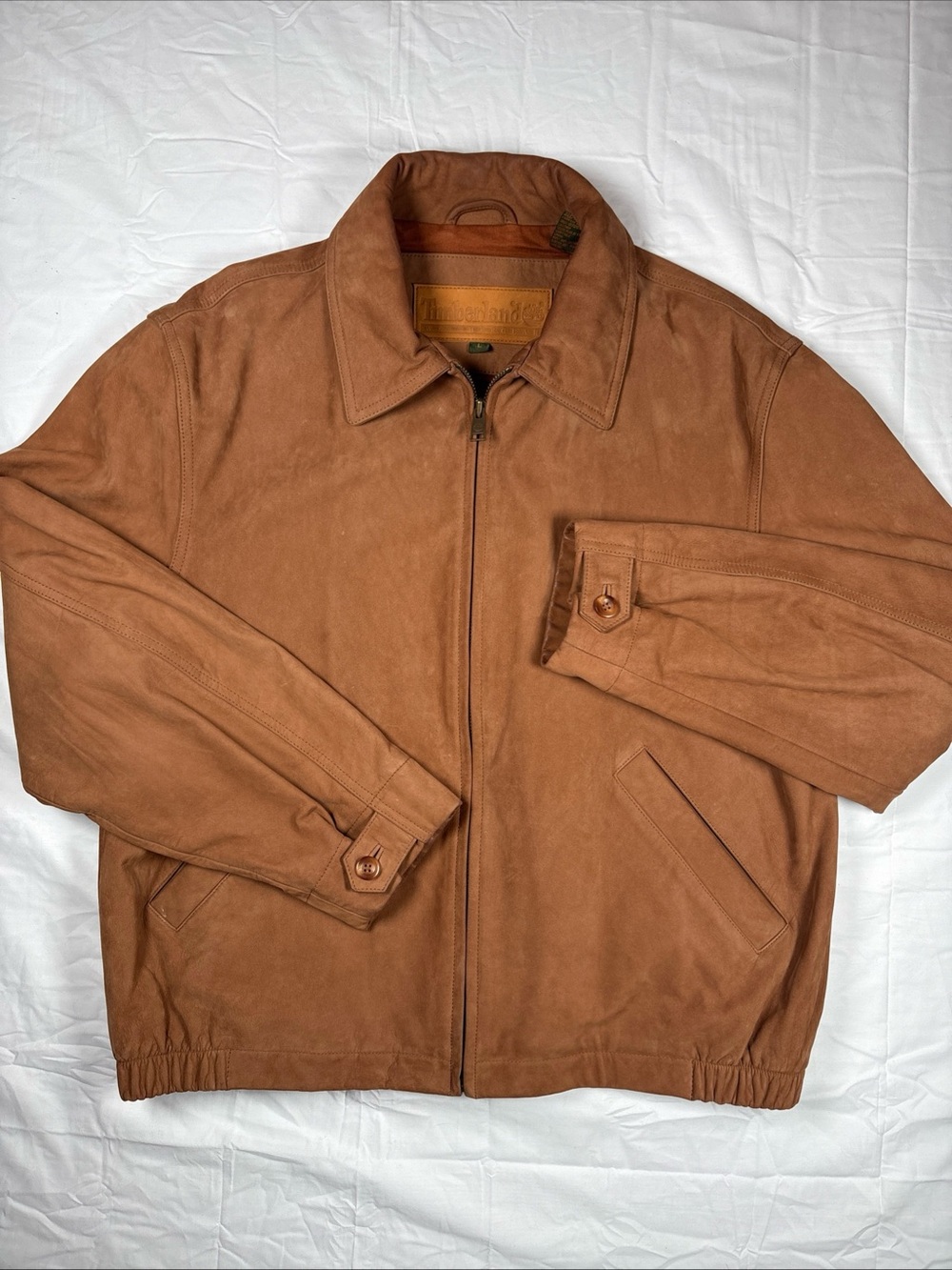 Vintage Timberland Men's Leather Zip-Front Jacket in Cognac Brown